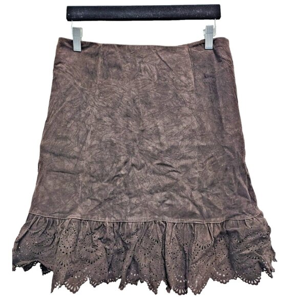 Anthropologie Elevenses Womens Mini Skirt Size 6 Brown Suede Leather Eyelet BOHO - Picture 1 of 9